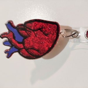 Heart Retractable Badge Reel, Anatomy ID Holder, Red Glitter RN