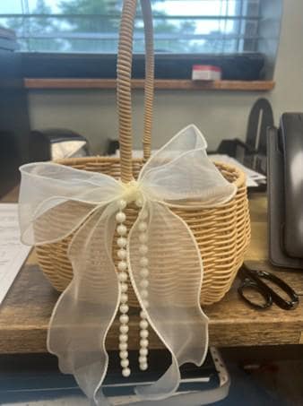 Flower Girl Basket with Pearl Chain & Ivory Ribbon/ Simple Bridesmaid Basket / Hand Woven Basket / Rustic Basket Vintage Wedding
