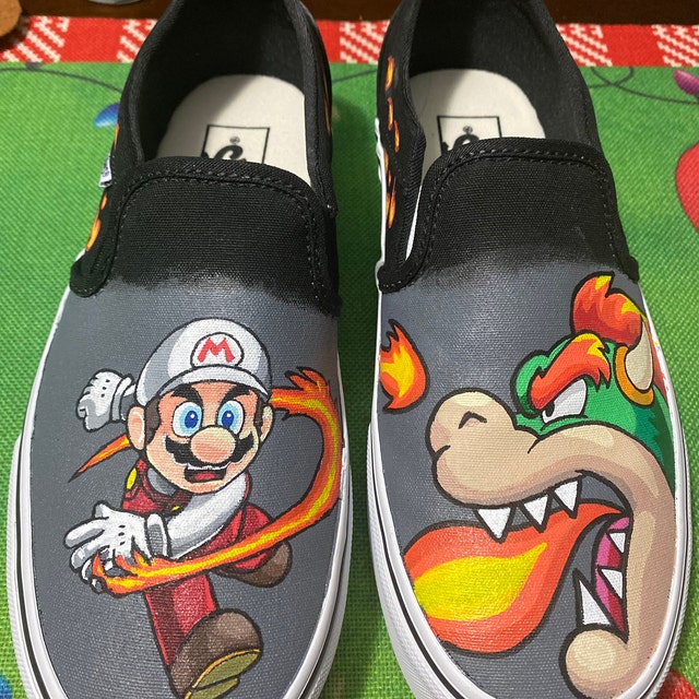 Super Mario Bros Fire Power Mario Vs Bowser Inspired Custom Hand Painted Children s Vans Canvas Slip on Shoes Etsy
