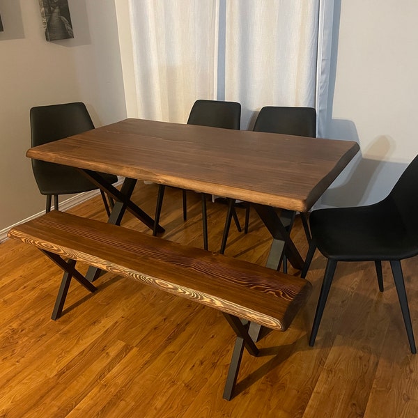 Solid Wood Table and Bench - High Quality / Rustic Dining Table / Wood Kitchen Table With Metal ...