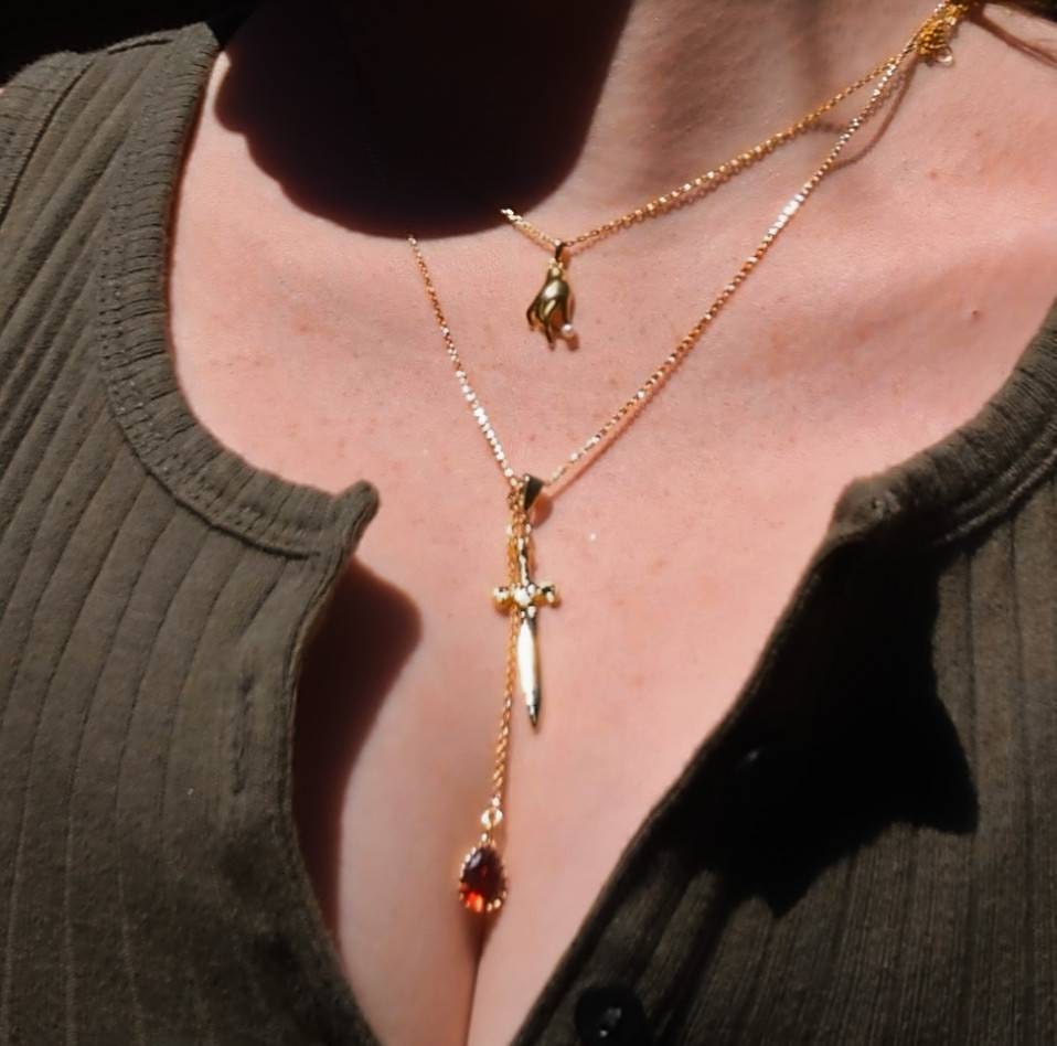 Sword and Blood Drop Necklace / Gold or Silver, Black Deep Red Teardrop Necklace