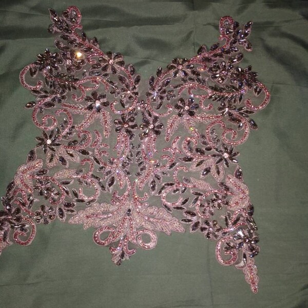 Beaded mesh bodice & glitter stretch satin