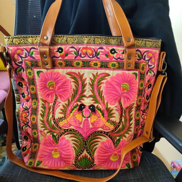 Orchid Hmong Embroidered Tote Bag With Adjustable Leather