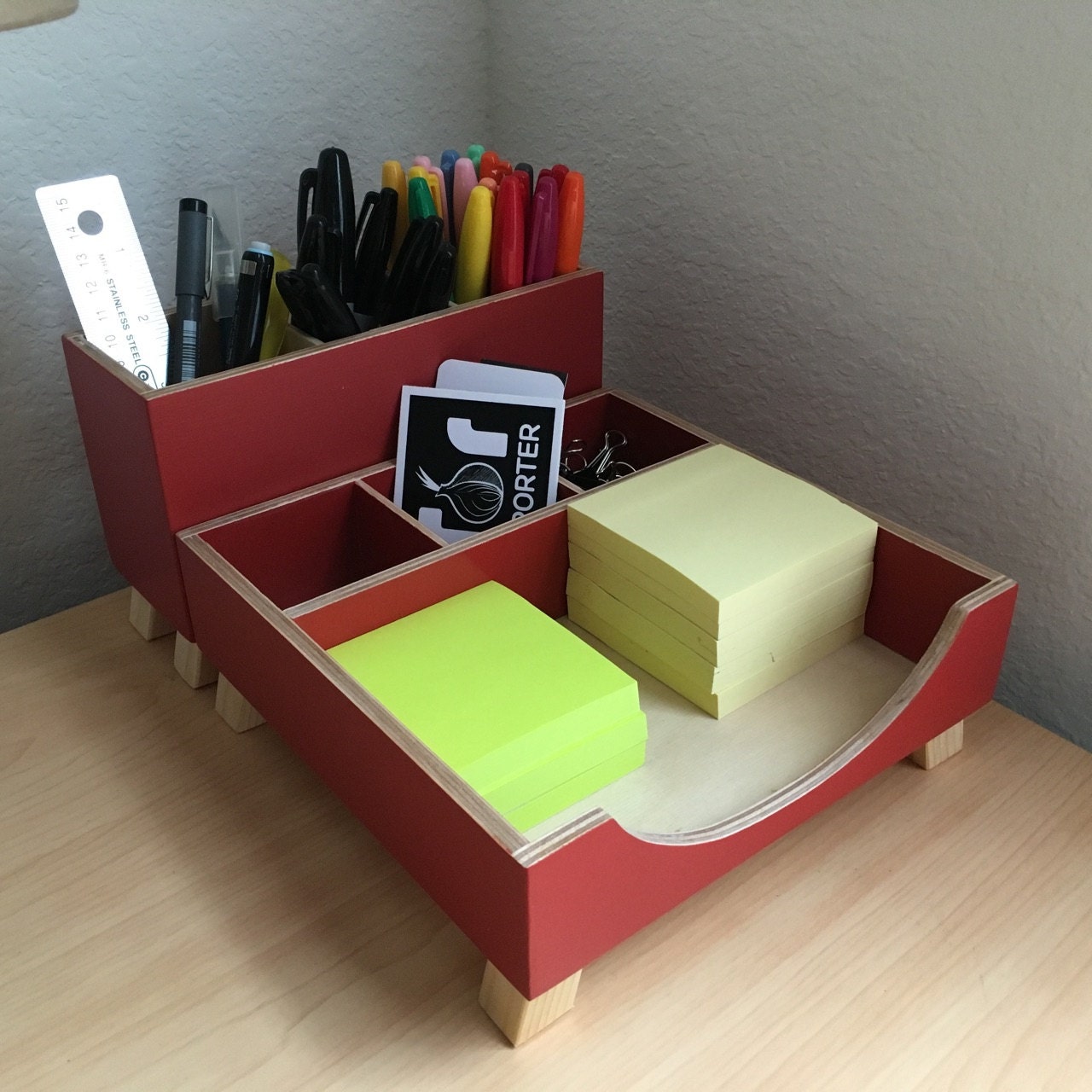 Red Desk Wood Organizer, Desktop Organizer set, Office Accessories for