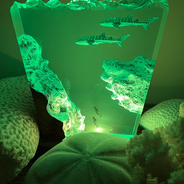 Whale Shark Resin Lamp: Ocean Diorama With Divers, LED Crystal Lights ...