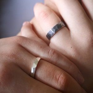 Faceted Argentium Silver Ring - 3mm Slim Textured Band - 935