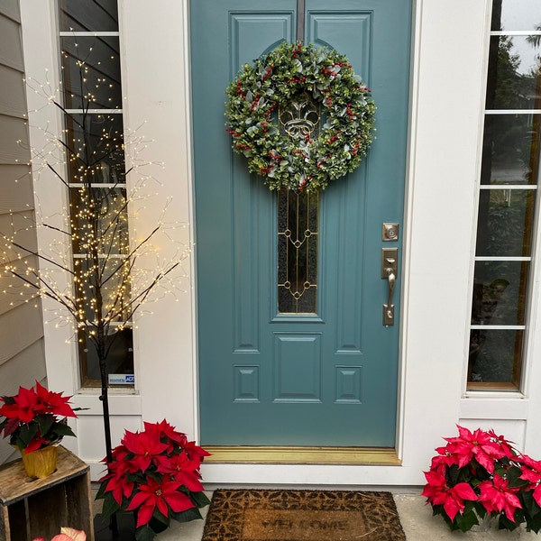 Winter Red Berry Front Door Wreath, Lamb's Ear and Eucalyptus Greenery ...