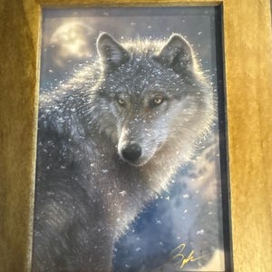 オオカミのアートプリント、オオカミの絵画、一匹狼、冬のオオカミ、雪