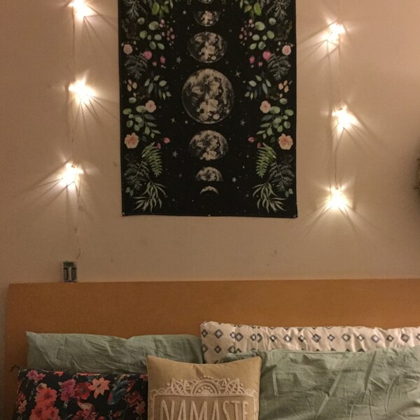 Moonlit Garden Tapestry Moon Phases Wall Hanging Floral Lunar Night Sky ...
