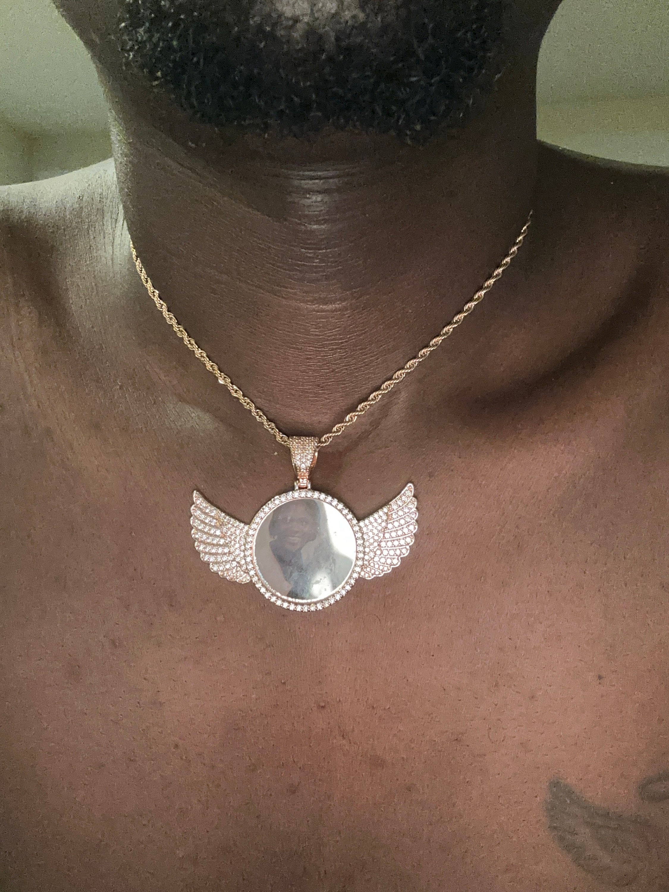 Personalized Diamond Studded Angel Wings Photo Necklace, Photo Necklace, Hip Hop Photo Pendant, Iced Custom Round Photo Pendant