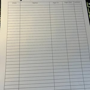 Sign in and Out Sheet Printable Form, Digital File, Instant Download ...
