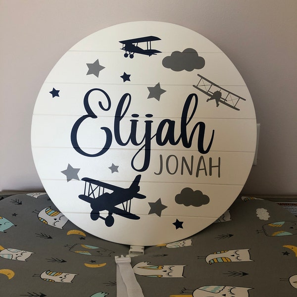 Airplane Nursery Aviation Name Sign With Airplanes - Personalized Round ...