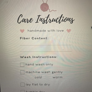 Printable Care Instruction Cards for Handmade Knitting &amp; Crochet Items ...