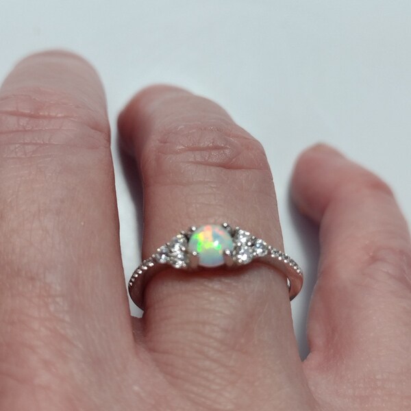 White Opal Ring, Opal Stacking Ring, White Opal and CZ Ring, Dainty ...