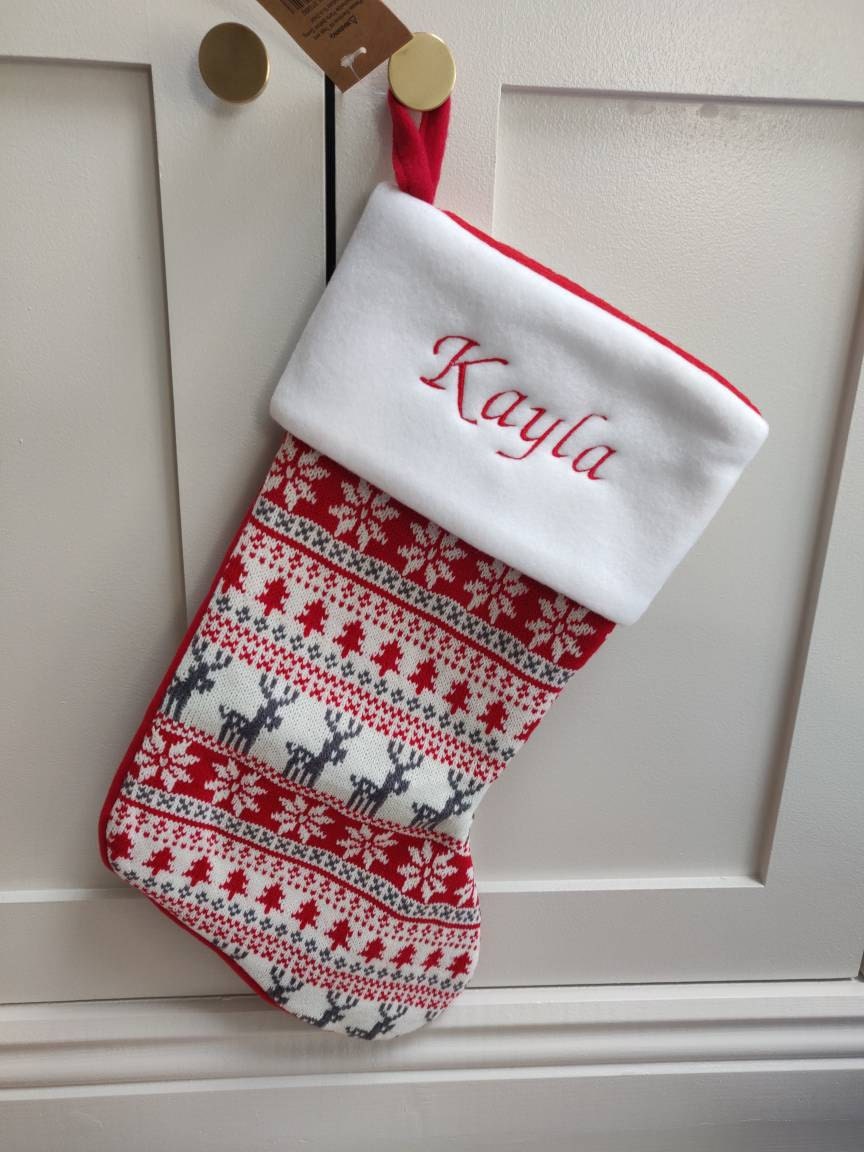 Fairisle Red Stocking - Personalized Christmas Stocking - Reindeer Stocking - Christmas Decor - Kids Christmas Stocking - Monogram Stocki