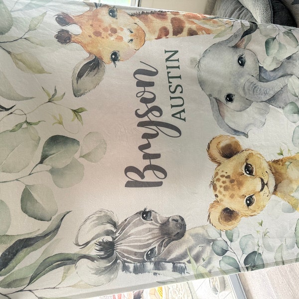 Safari Animals Baby Blanket, Jungle Greenery Personalized Boy Girl Name ...