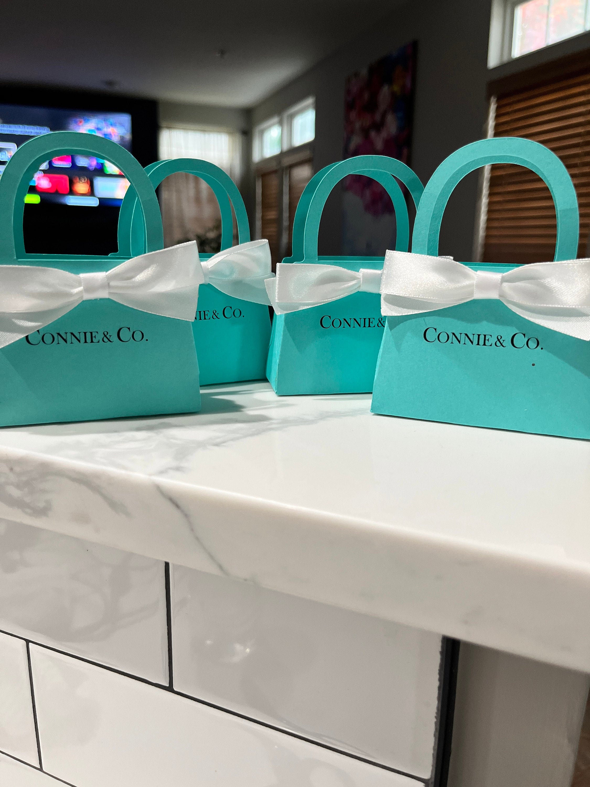 Personalisierte Mini-Geldbörse, Rotkehlchen-Ei-Farbe mit weißer Schleife. Babypartys, Brautpartys, Verlobungen, Sweet 16, Hochzeitssüßigkeiten, 10er-Set