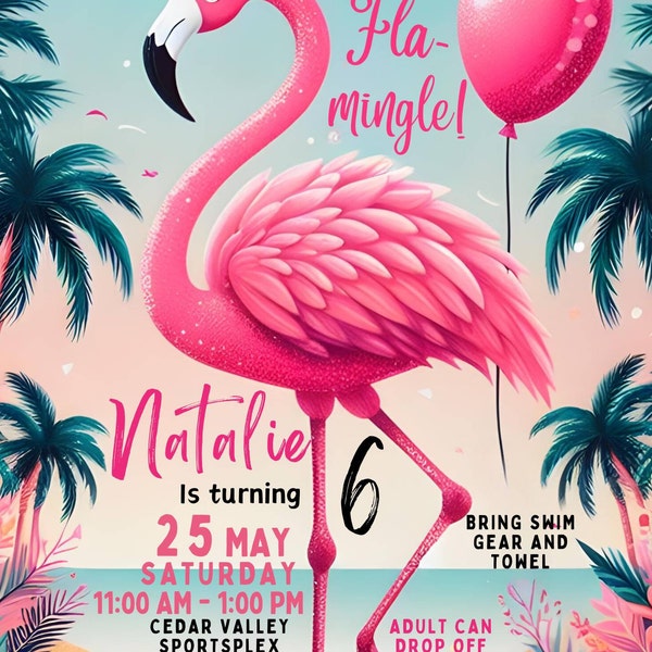 Flamingo Birthday Invitation, Flamingo Birthday Party Invitation, Pink