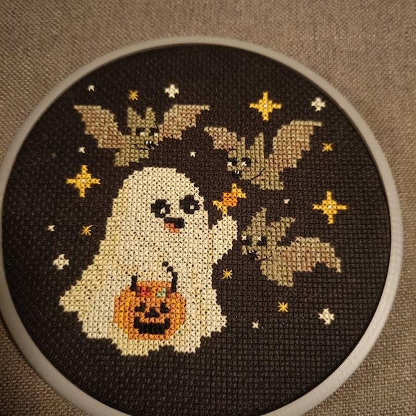 Tiny Halloween Cross Stitch Pattern Funny Ghost With Bat Embroidery ...