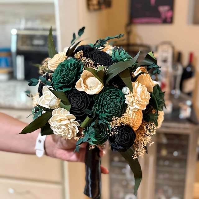 prom bouquet for emerald green dress Emerald Green and Gold Dahlia Boutonniere – My Dinosaur Dreams main image 1