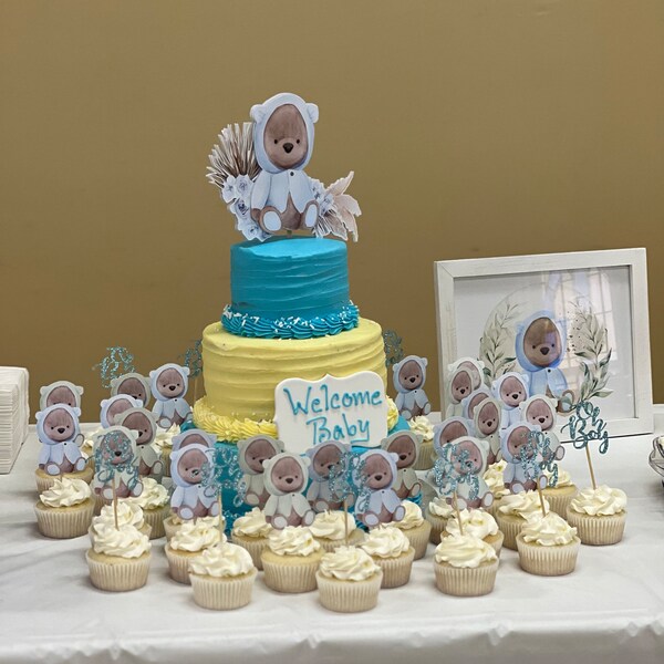 Baby Blue Teddy Bear Cake Topper | Pastel Theme Baby Shower Decor ...