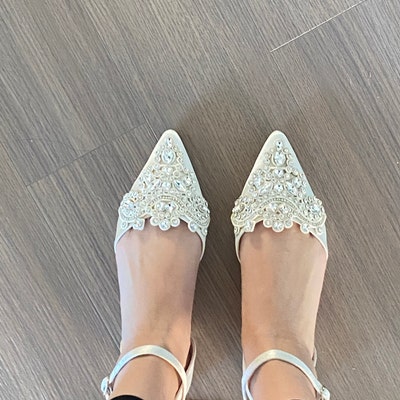 Ivory Satin Pointy Toe Flats With Sparkly RHINESTONES APPLIQUE , Fall ...