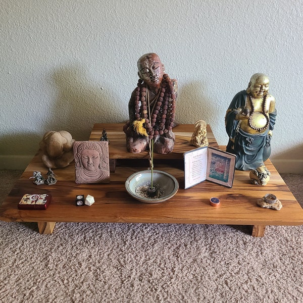 2 Altar Table Set, 2 Tier Altar Tables, Teak Wood, Crystal Shelf, Small ...