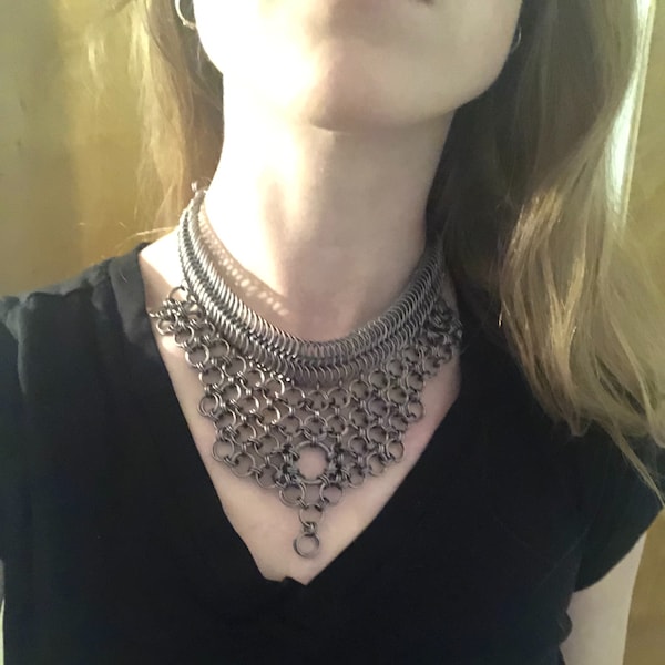 Chainmail Collar Necklace With a Pearl Pendant Statement Accessory- A ...