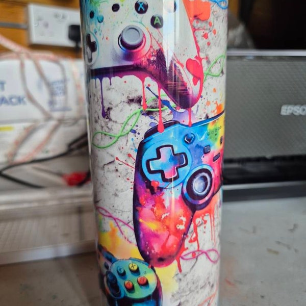 Gamer 20oz Skinny Tumbler Sublimation Design Neon Video Game Controller ...