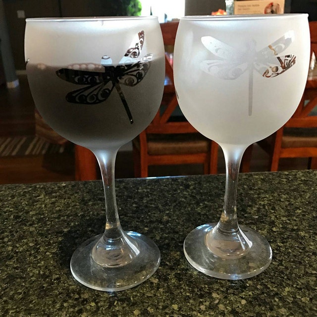 Dragonfly Frosted Etched Wine Glasses Set Of 2 Etsy