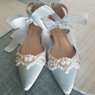 Light Blue Satin Pointy Toe Flats With SMALL PEARLS APPLIQUE and Satin ...