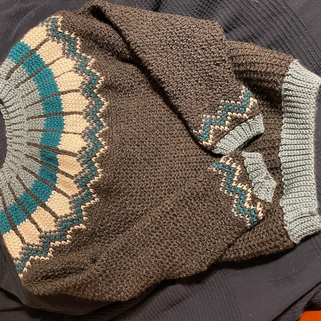 A customer's finished Traveler Fair Isle Sweater Crochet Pattern + Video