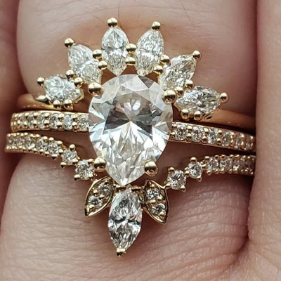 Pear Shaped Moissanite Engagement Ring Set Rose Gold Marquise Cut ...