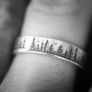 Personalized Silver Ring, Graduation Gift Gifts, Wedding Band, Forest Jewelry, Engraved Ring, Pine Tree Ring, Nature Accessories