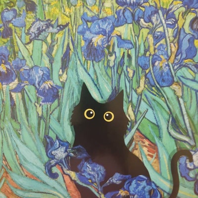Vincent Van Gogh's Irises Cat Print, Van Gogh Cat Poster, Black Cat Art ...