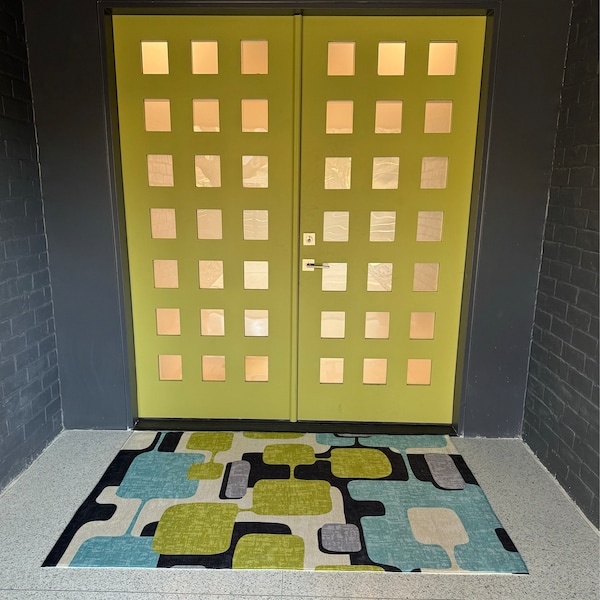 Retro Mid Century Modern Indoor - Outdoor Area Rug, MCM Teal, Lime ...