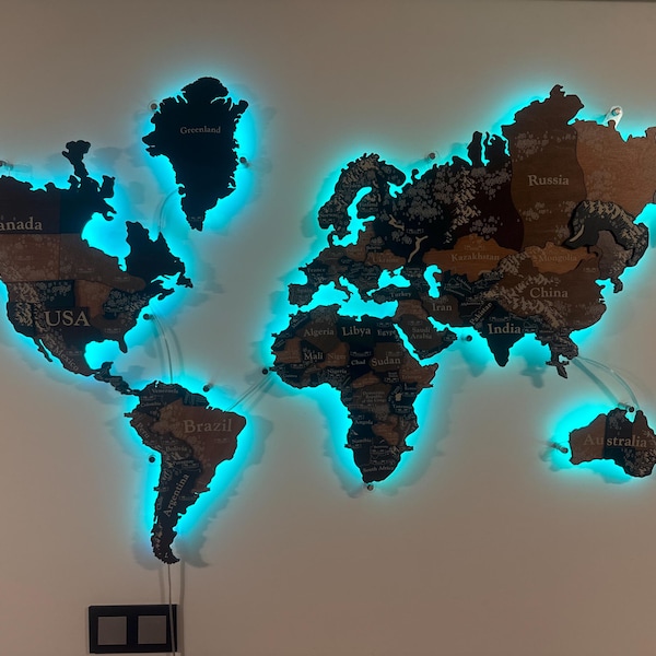 World Map With LED Lighting, Wooden Push Pin Map, 3D Led Backlight Map ...