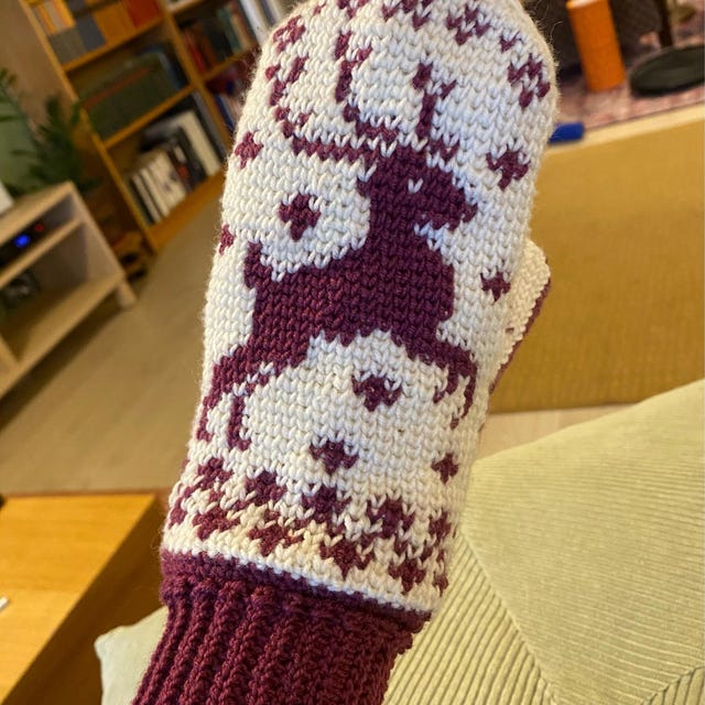 A customer's finished Deer Fair Isle Mittens Crochet Pattern
