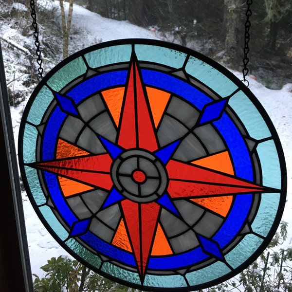 Stained Glass Window Panel--compass Design 19.75