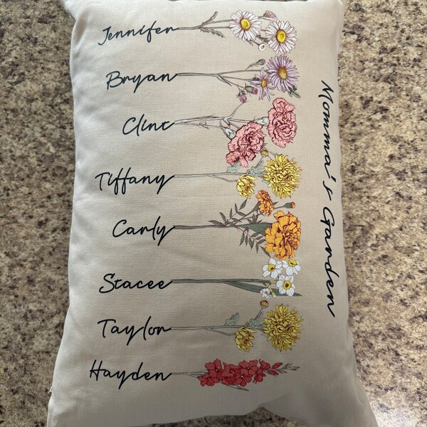 Personalized Grandma's Garden Pillow Case - 16x16 Inch, Custom With Grandkids' Names & Birth Flowers (Up To 6)