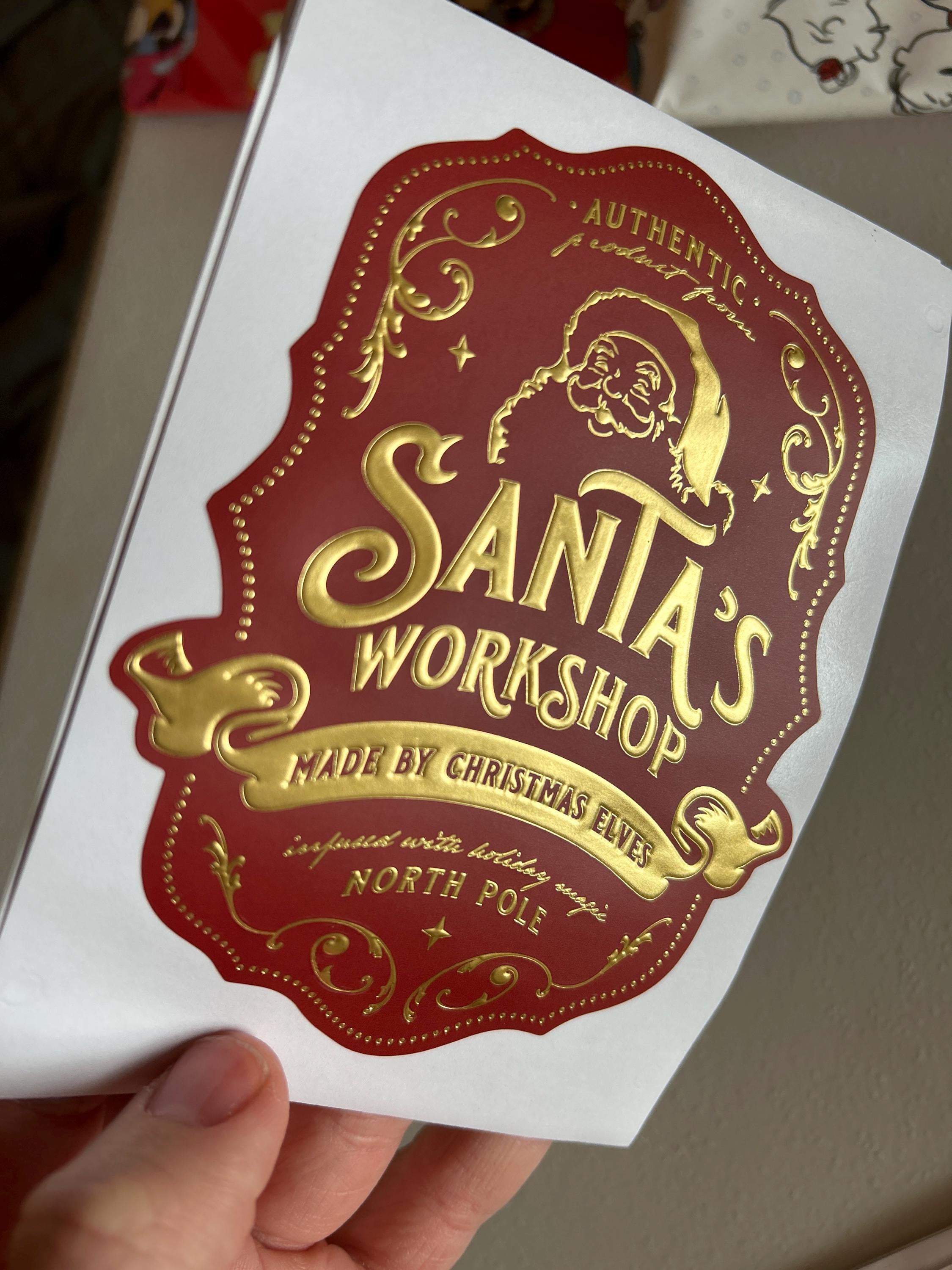 Christmas Gift Tag Stickers for Children's Holiday Presents, Premium Large Gold Embossed Labels for Kids Gift Wrapping, Santa's Workshop