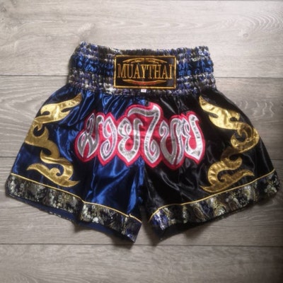 Striped White And Navy Print Pattern Muay Thai Boxing Shorts