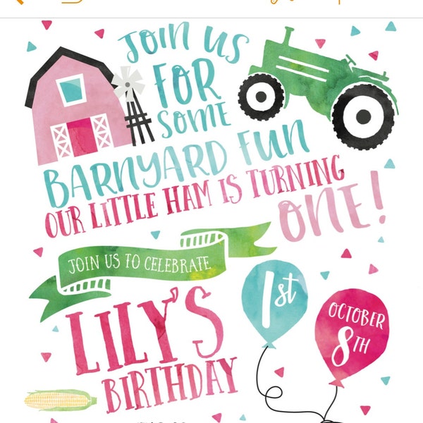 Farm - Pink Barnyard Girl Birthday Party Invitation - 5x7 Double Sided ...