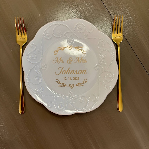 Personalized Wedding Cake Plate and Forks Set: Engraved Dessert Forks ...