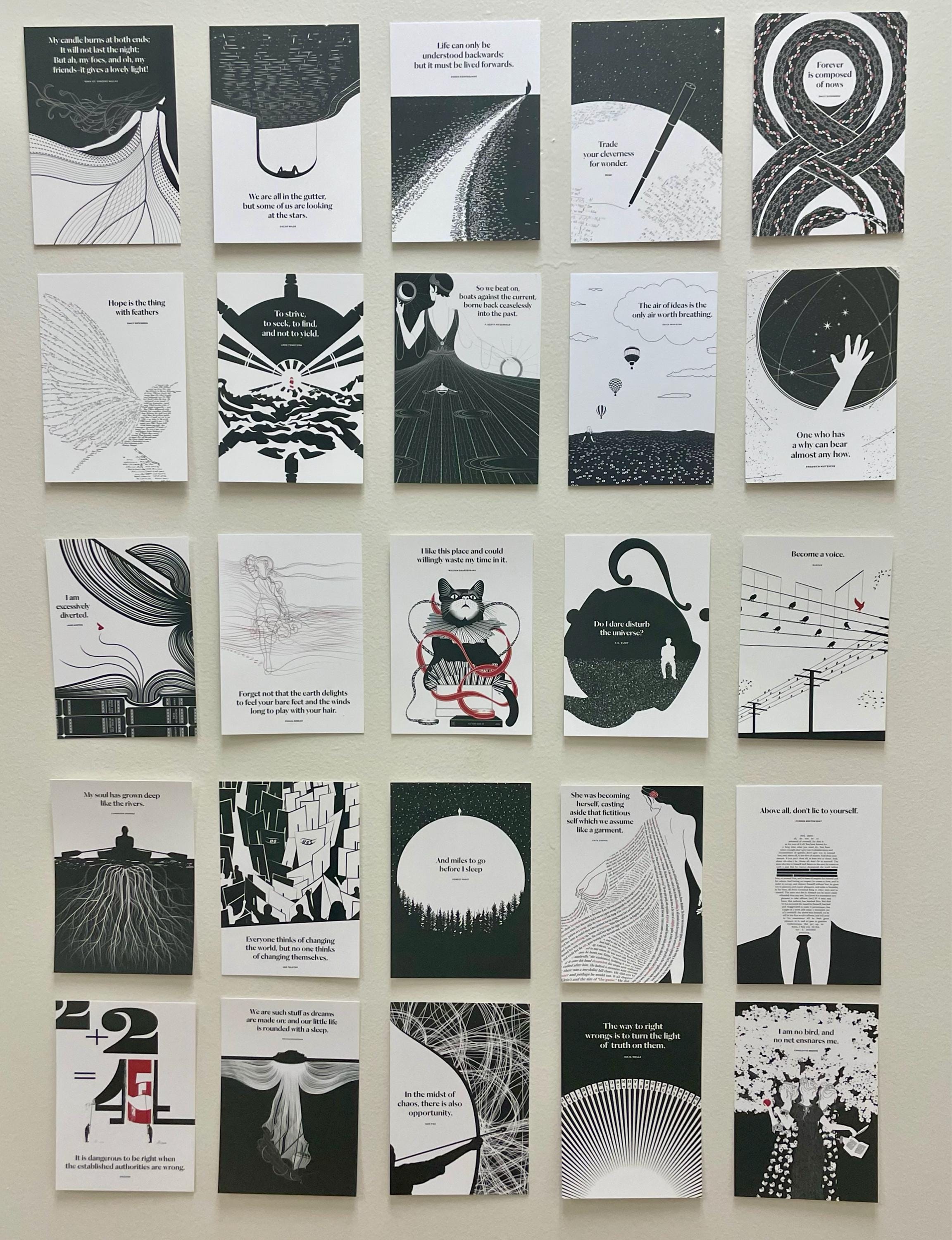 Bestsellers Literary Quote Postcard Set, Aesthetic Illustrated Motivational Notecard Collection, Booklover Collage Art Cards Gift Readers