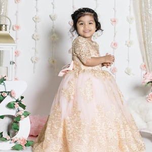 Ekidsbridal Flower Girl Dress – Crossed Straps, A-Line, Sequins Bodice, Rose Gold/White – Junior Bridesmaid Formal Dress (Size 6)