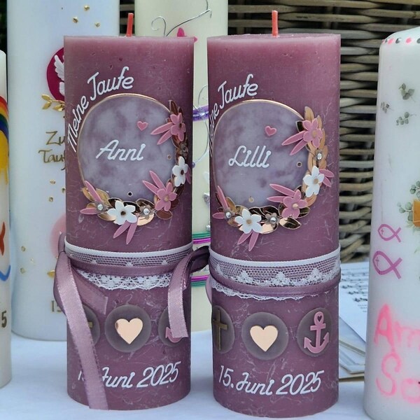 Taufkerze Rustik Sophie – Individuell Mit Name & Datum, Handverziert, 19x6,8 Cm, Wahl: Klassischer Docht
