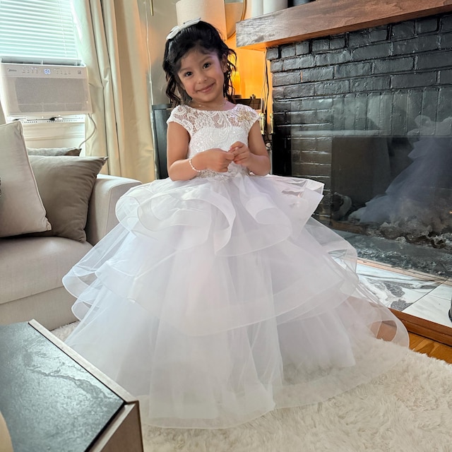 Girls High Low Tulle Dress - Embroidered Lace Princess Gown For Flower Girl, Birthday, Wedding