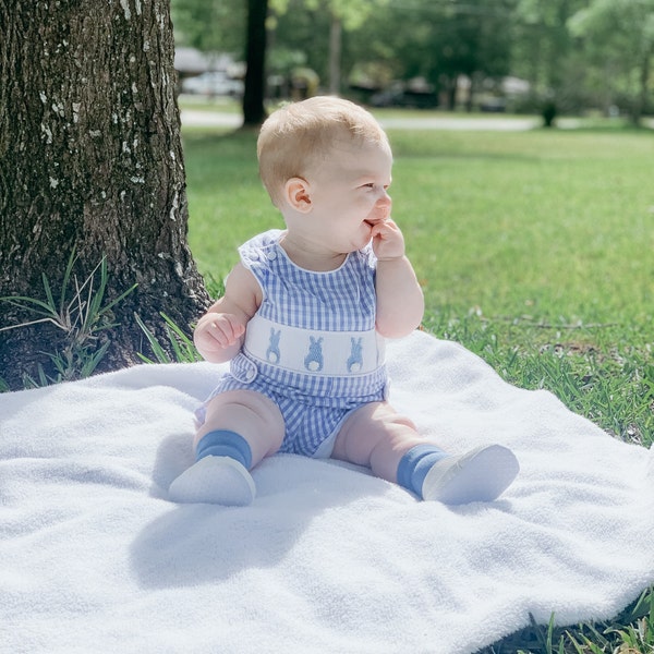 Misty Blue Easter Bunny Smocked Shortalls