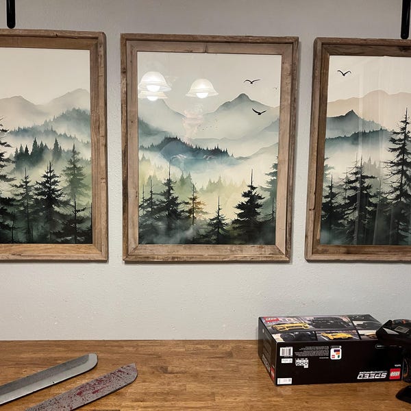 Mountains Wall Art Set of 3 Watercolor Green Forest Tree Mountain Range ...